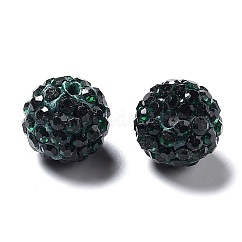 Perles de boule pavé disco , Perles de strass en argile polymère, Grade a, ronde, émeraude, strass: pp13 (1.9~2mm), 6 rangs de strass, 10mm, Trou: 1.5mm