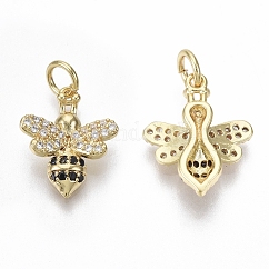 Ottone micro spianare fascino zirconi, con anello di salto, nichel libero, ape, chiaro & nero, vero placcato oro 18k, 15x12x4mm, Foro: 3 mm
