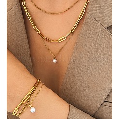 3-lagige Halsketten- und Armband-Sets aus ovalen Gliederketten aus 304 Edelstahl&nbsp;FS-WGE493C-01
