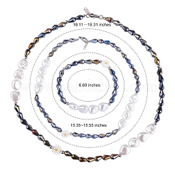 3 Stück natürliche Muschel- und Kunststoffperlen-Blumen- und Glasperlen-Halsketten und Stretch-Armband-Set&nbsp;SJEW-SW00010-01