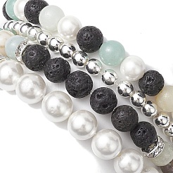 4 Stück 4 Stile 6/8mm runder natürlicher Lavastein & Blumen-Amazonit & Muschelperlen stapelbare Stretch-Armband-Sets&nbsp;BJEW-JB10333