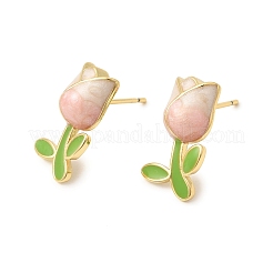 Orecchini a bottone in ottone con fiori&nbsp;EJEW-K324-03G-02