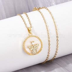 Collares colgantes de circonita cúbica micro pavé de latón redondos y planos con abeja para mujer&nbsp;NJEW-C076-12G