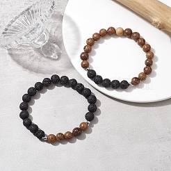 Braccialetto elasticizzato con perline rotonde in legno e pietra lavica naturale&nbsp;BJEW-JB10075-01