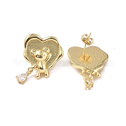 Aretes colgantes de corazón con circonita cúbica transparente y oso&nbsp;EJEW-P214-17G
