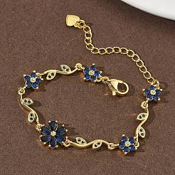Messing-Gliederkettenarmbänder mit Mikropavé und Zirkonia in Blumen- und Blattform für Damen&nbsp;BJEW-G764-03G