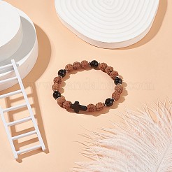 Natürliches schwarzes Achat (gefärbt) & Rudraksha & synthetisches türkisfarbenes (gefärbtes) Stretch-Armband&nbsp;BJEW-TA00187-02