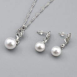 Orecchini pendenti rotondi in plastica con perle finte e strass di cristallo e collana con ciondolo&nbsp;SJEW-WH0006-13P
