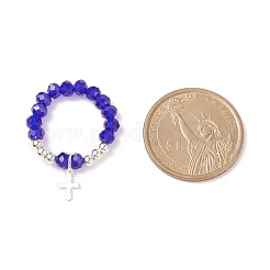 Anello da dito rotondo con perline di vetro con ciondolo a croce in ottone per donna&nbsp;RJEW-JR00499