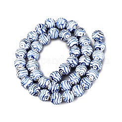 Perles rondes en porcelaine à rayures bleues et blanches peintes à la main&nbsp;PORC-Q007-01C