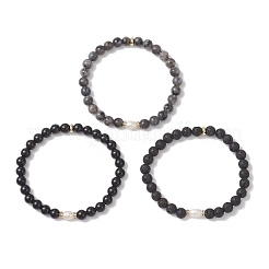 Pulsera elástica de cuentas redondas de larvikita natural&nbsp;BJEW-JB13057