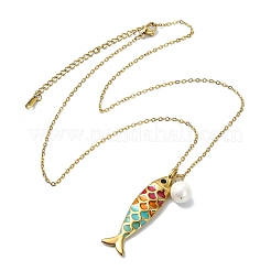 Colliers pour femmes avec pendentif poisson coloré en acier inoxydable 304 émaillé et perle Edison naturelle&nbsp;NJEW-JN06126