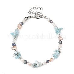 Armbänder aus natürlichen Larimar-Splitterperlen und Süßwasserzuchtperlen für Damen&nbsp;BJEW-JB14215