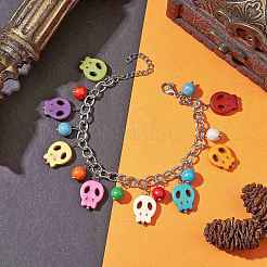 Halloween gefärbter synthetischer türkisfarbener Totenkopfanhänger aus Messing mit Kabelkettenarmbändern&nbsp;BJEW-TA00471