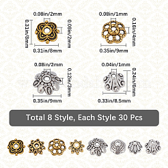 240 Stück 8 Stile tibetischen Stil Legierung Blume Perlenkappen&nbsp;FIND-SP0001-63