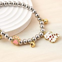 Braccialetti con ciondoli in ottone e smalto con perline rotonde per donna&nbsp;BJEW-D317-11C-PG