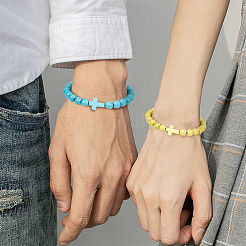 10 Stück 10 Stile natürliches Lavagestein & gefärbtes synthetisches türkisfarbenes Kreuzperlen-Stretch-Armband-Set&nbsp;BJEW-AN0001-76