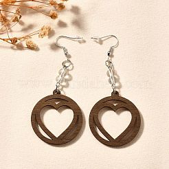 Orecchini pendenti a forma di cuore cavo in legno in acciaio inossidabile 304&nbsp;EJEW-M074-03P