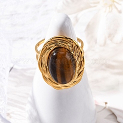 Bagues ovales en oeil de tigre naturel&nbsp;RJEW-M063-01G-11
