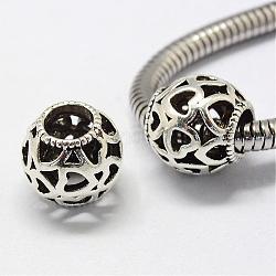 Perles européennes en alliage, de style tibétain, Perles avec un grand trou   , rondelle avec le coeur, creux, argent antique, 11x11mm, Trou: 5mm