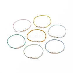7 pz 7 colori perle naturali e semi di vetro e cavigliere elasticizzate con perline in ottone per donna, colore misto, diametro interno: 64.5~67.5mm, 1pc / color
