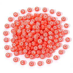 Opaque Acrylic Beads, Flat Round with White Heart & Flower & Moon & Star, Tomato, 7x4mm, Hole: 1.6mm, 200pcs/set