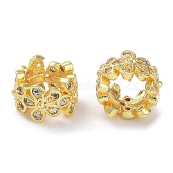 Rack Plating Brass Micro Pave Clear Cubic Zirconia European Beads, Long-Lasting Plated, Cadmium Free & Lead Free, Large Hole Beads, Flower, Real 18K Gold Plated, 8x5mm, Hole: 5mm
