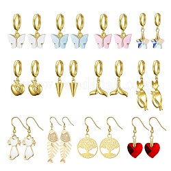 Brass Dangle Earrings & Huggie Hoop Earrings Sets, with Glass & Acrylic & Alloy Enamel & 304 Stainless Steel Pendants, Heart & Tree  of Life & Apple & Cat & Butterfly & Fishbone & Whale Tail Shape, Golden, 28~63mm, Pin: 0.6~1mm, 12pairs/set