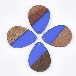 Pendentifs en bois de résine et de noyer, larme, bleu royal, 36x26.5x3~4mm, Trou: 2mm