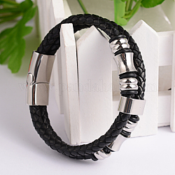Geflochtenen Lederband Armbänder, mit Edelstahlklammern, Schwarz, 210 mm