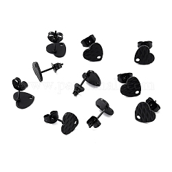 Accessoires de puces d'oreilles en 304 acier inoxydable, avec des poussoirs d'oreilles, coeur texturé, électrophorèse noir, 12x9mm, Trou: 1.4mm, pin: 0.7 mm
