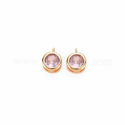 Brass Charms, with Rhinestone, Nickel Free, Flat Round, Real 18K Gold Plated, Violet, 7x5x3mm, Hole: 1mm