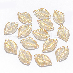 Two Tone Transparent Spray Painted Glass Pendants, with Glitter Powder, Leaf, Yellow, 22.5x14.5x3.5mm, Hole: 1.2mm