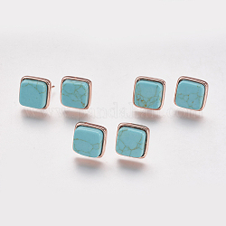 Synthetic Turquoise Stud Earrings, with Brass Findings, Real Rose Gold Plated, Square, 12x12x4.5~6mm, Pin: 1mm