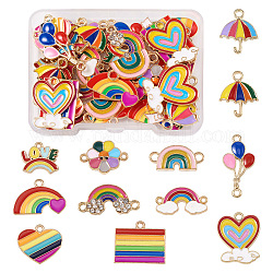 Kit de búsqueda de joyería de orgullo de color de arco iris de diy, incluyendo 48pcs 12 estilo corazón y paraguas y flor y globo colgantes de esmalte de aleación y dijes de conector, color mezclado, 10~26x13.5~24x1~2.5mm, agujero: 1.4~2.5 mm, 4 piezas / style