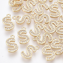Brass Cubic Zirconia Charms, Letter, Clear, Real 18K Gold Plated, Letter.S, 11x6x1.5mm, Hole: 1mm