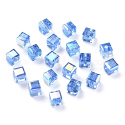 Placcare perle di vetro trasparenti, cubo sfaccettato, arcobaleno placcato, dodger blu, 6x6x6mm, Foro: 1.8 mm