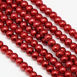 Hebras de cuentas redondas de perlas de vidrio teñidas ecológicas, cordón de algodón rosca, rojo, 4~4.5mm, agujero: 0.7~1.1 mm, aproximamente 104 pcs / cadena, 15 pulgada