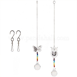 Crystal Ceiling Fan Pull Chains Chakra Hanging Pendants Prism, with Cable Chains, Stainless Steel Swivel Hooks Clips and Velvet Bags, Butterfly & Owl, Colorful, 323~362mm