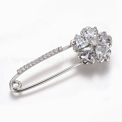 Brass Micro Pave Cubic Zirconia Safety Brooch, Flower, Clear, Platinum, 57x21mm, Pin: 1.5mm