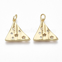 Brass Micro Pave Clear Cubic Zirconia Pendants, with Jump Ring, Triangle, Nickel Free with Flower, Clear, Real 18K Gold Plated, 17.5x18x2mm, Jump Ring: 5x0.8mm, Inner Diameter: 3mm
