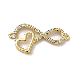 Eco-Friendly Rack Plating Brass Micro Pave Clear Cubic Zirconia Connector Charms, Long-Lasting Plated, Lead Free & Cadmium Free, Infinity with Heart, Real 18K Gold Plated, 15x27.5x3mm, Hole: 1.2mm