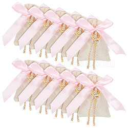 Polyester Imitation Burlap Packing Pouches Drawstring Bags, with Pink Satin Ribbon, Polyester Cord and 304 Stainless Steel Tiny Cross Charms, Rectangle, Peru, 13.8x9.5cm