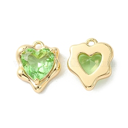 Ottone micro spianare fascino zirconi, fascino cuore, vero placcato oro 18k, verde, 13x11x4.5mm, Foro: 1.2 mm