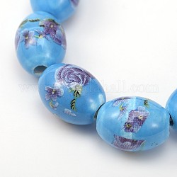 Flower Printing Handmade Porcelain Oval Beads Strands, Deep Sky Blue, 15x12mm, Hole: 2mm, about 23pcs/strand, 13.97 inch