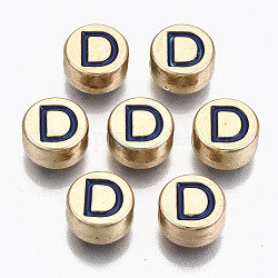 Abalorios de aleación de esmalte, sin plomo y cadmio, redondo plano con letras iniciales, la luz de oro, azul de Prusia, letter.d, 8x4mm, agujero: 1.5 mm