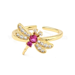 Cubic Zirconia Dragonfly Open Cuff Ring, Real 18K Gold Plated Brass Jewelry for Women, Cadmium Free & Lead Free, Medium Violet Red, US Size 7 1/2(17.7mm)