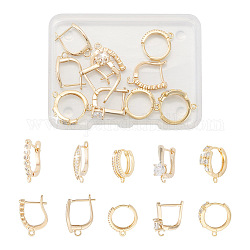 5 Pair 5 Style Brass Micro Pave Clear Cubic Zirconia Hoop Earring Findings, with Latch Back Closure and Horizontal Loops, Real 14K Gold Plated, 15~19.5x13~16x2.5~6mm, Hole: 1~1.5mm, Pin: 0.7~1mm, 1 Pair/style