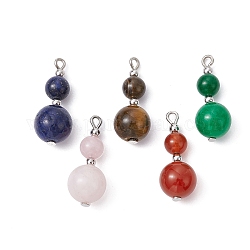 Pendentifs en pierres gemmes mélangées, Breloques gourde avec perles en laiton plaqué platine, mélangé teint et non teint, couleur mixte, 25.5x10.5mm, Trou: 1.6mm