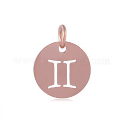 304 Stainless Steel Charms, Flat Round with Constellation/Zodiac Sign, Rose Gold, Gemini, 12x1mm, Hole: 3mm